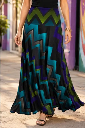 Sunny Leigh Womens Chevron Maxi Skirt Teal Purple Green Geometric‎ A-Line Size S thumbnail 1