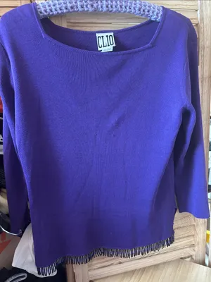 Clio Purple Scoop Neck Sweater with Beaded Fringe Hem Medium thumbnail 1