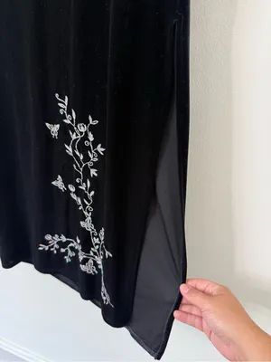 {L} Y2K Fairycore Gothcore Black Embroidered Velvet Maxi Skirt thumbnail 3