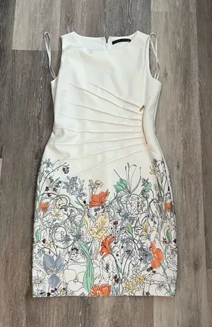 Ivanka Trump Floral Sheath Dress Womens Size 14 Ivory Sleeveless Gold Zipper thumbnail 1