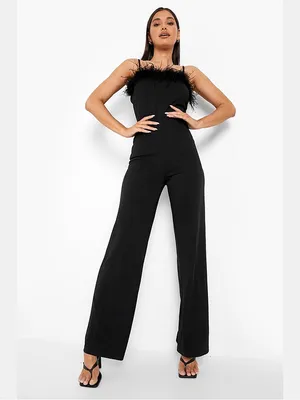 BooHoo Black Feather Strappy Wide Leg Jumpsuit thumbnail 3