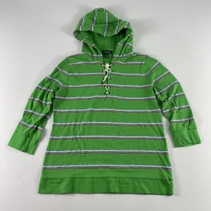 Lauren Jeans‎ Co Ralph Lauren Hoodie Womens Large Green Striped Pullover Lace Up thumbnail 1