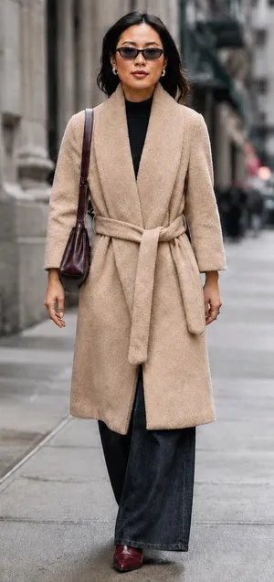 JIGOTT Alpaca Wool Wrap Coat - Quiet Luxury Minimalist Belted Trench Small thumbnail 1