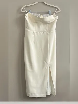 NEW ASTR‎ Melani Rhinestone Ivory Cream Strapless Slit Midi Dress med thumbnail 3
