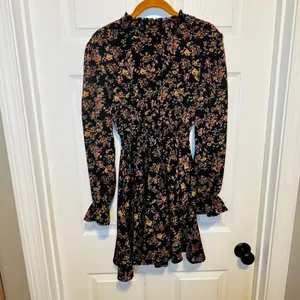 SheIn Black Floral Long Sleeve Mock Neck Smocked Waist Mini Dress XS Whimsical Gothic thumbnail 2