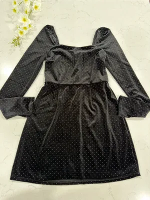 miami Black Velvet Long Sleeve Mini Dress with Silver Dot Detail thumbnail 4