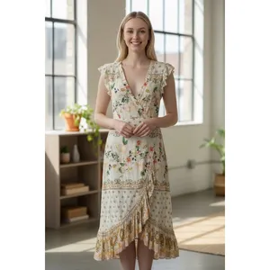 Farm Rio Anthropologie Floral Ruffle Trim Wrap‎ Maxi Dress Bohemian Cottagecore thumbnail 2