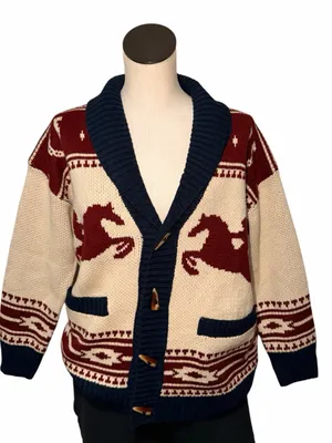 NWOT Altar'd State Bonnie Horse Knit Cream Navy Shawl Collar Cardigan Western thumbnail 6