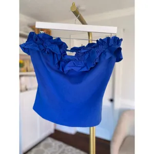 Maeve Anthropologie Blue Ruffle Tube Top Clean Girl Quiet Luxury‎ 4th of July XL thumbnail 6