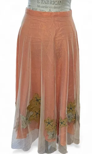 Citrine Midi Skirt Mesh Overlay Burlap-Like Leaf Applique Blue Beads Sequins 14 thumbnail 1