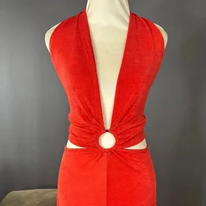 Women’s Red Deep V-Neck Halter Jumpsuit Ring Accent Wide Leg BodyCon Size L NEW thumbnail 2