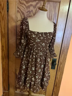 Blue Rain Floral Babydoll Mini Dress Medium Cottagecore Brown Sheer Sleeve thumbnail 9