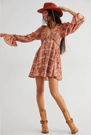 Free People Jackie Mini Dress M Rust Floral Plaid Boho NWOT thumbnail 1