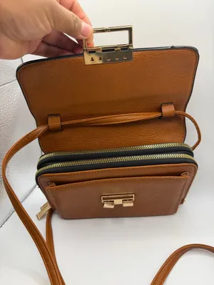 Unbranded Brown Faux Leather Multi-Compartment Crossbody Bag with Gold-Tone Lock thumbnail 3