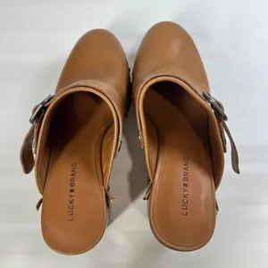 Lucky Brand Clog Heels Tan Leather Studded Braided Trim Slip-On Mule Sandals 7.5 thumbnail 4