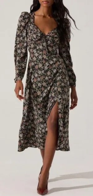 Astr Black Floral Midi Dress with Puff Sleeves size S thumbnail 1
