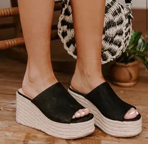 Soda Black Micro Suede Peep Toe Espadrille Wedge thumbnail 1