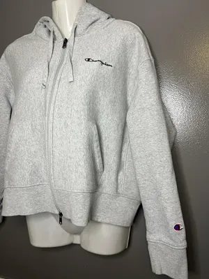 Champion Hoodie Womens XL Gray Full Zip Fleece Cropped Sweatshirt Logo Athletic thumbnail 4