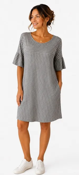Anthropologie COA Small Gray Striped Short Sleeve Midi Dress thumbnail 1