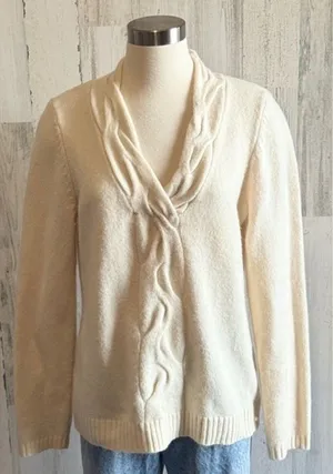 Talbots Merino‎ Wool Cashmere Angora Cable Knit Sweater Cream Size L Cozy thumbnail 1