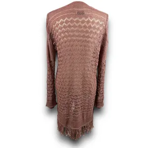 Boho Chic Open Knit Long Cardigan Fringe Trim Lightweight Mauve Small Medium thumbnail 4