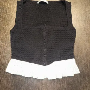 Zara Black Crochet Button-Front Crop Top with White Eyelet Ruffle thumbnail 1