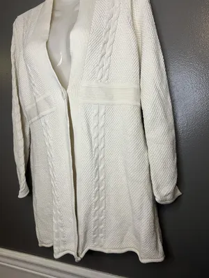 Lizwear Cardigan Sweater Womens Medium White Cable Knit Open Front Shawl Collar thumbnail 4