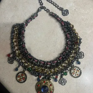Artisan Boho Statement Necklace Celtic Knot CharmPlaid Ribbon Medallion vintage thumbnail 4