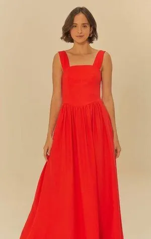NWT Farm Rio Stretch Linen Blend Cami Maxi Dress Size S Classic RED thumbnail 1