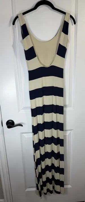 PinkBlush Navy Blue & Beige Striped Sleeveless Low Back Knit Maxi Dress thumbnail 4