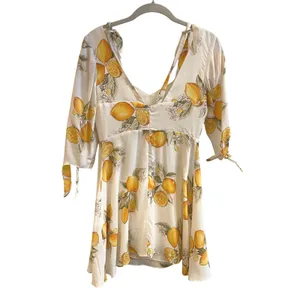 For Love & Lemon Mini Dress Women Medium White Lemon Print Cottagecore Tie Strap thumbnail 5