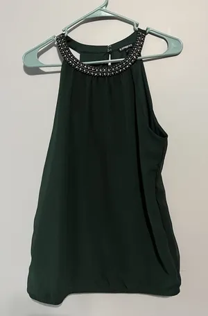 Express Hunter Green Sleeveless Halter Top with Embellished Neckline Medium thumbnail 1