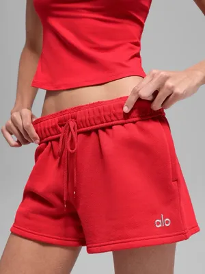 ALO Yoga Accolade NWT Relax Fit Bright Red Fleece Shorts Size M thumbnail 1