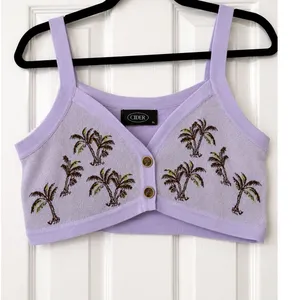 Cider Palm Tree Knit Crop Tank Top Lavender Button Front Cotton Blend XL NWT thumbnail 2
