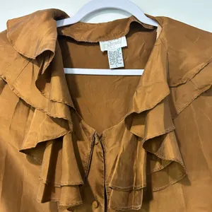 Karnold Blouse VTG Top Silk Boho Y2K 90'S Ruffle Peasant Sleeve Brown SZ LG FLAW thumbnail 5