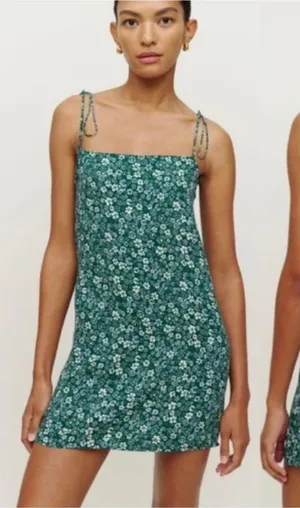 Reformation Agean Mini Dress Green Floral Print Tie Strap Shoulders Size 4 thumbnail 1