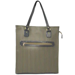 Ladies Large Tote Bag Purse ~ Khaki Green Tan & Black Stripe ~ Shopping HandBag thumbnail 3