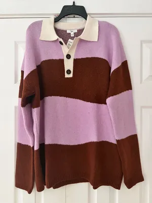 BP Nordstrom Be Proud Pink Distorted Rugby Stripe Sweater Brown Polo Large NEW thumbnail 1
