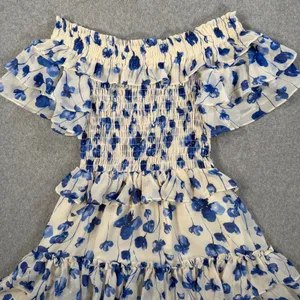 MISA Los Angeles Size Small Blue Floral Smocked Off-Shoulder Mini Dress Ruffle thumbnail 2