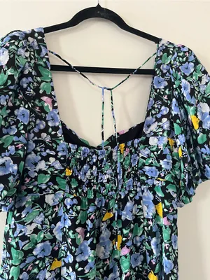 Blue Green Floral Puff Mini Dress Medium Romantic Cottagecore Summer Going Out thumbnail 8