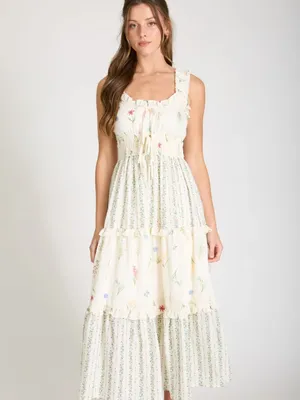 Floral Colorblock Ruffle Tiered Midi Dress Ivory Multi Medium NWT thumbnail 6