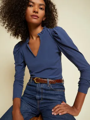 Nation LTD Tamira Elizabethan Tee Ocean Blue Ruffle Pima Cotton Top Medium thumbnail 2
