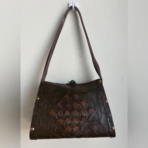 Vintage Brown‎ Leather Wood Handbag EUC thumbnail 2