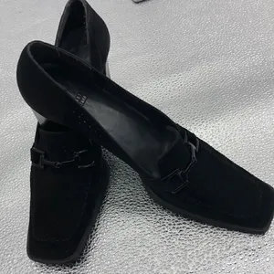 Stuart Weitzman black suede pinhole loafer heels thumbnail 1
