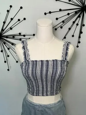 Hollister NWT Blue & White Striped Smocked Ruffle Lettuce Edge Strap Crop Top thumbnail 3