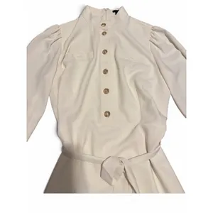 Ann Taylor Womens 12 Cream Crepe Mock Neck‎ Gold Button Belted Puff Sleeve Dress thumbnail 2