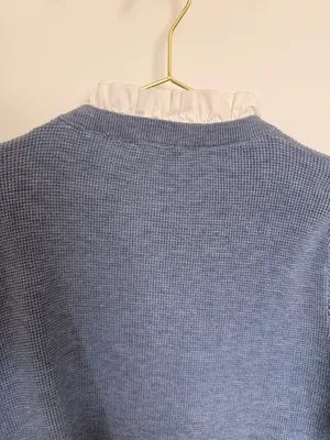 Cute Blue Waffle Knit Gold Button Cardigan with Ruffle Collar thumbnail 6