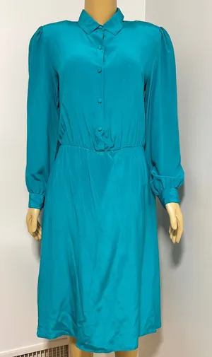 Vintage Tracer Silk Dress Teal Blue Button Front Puff Sleeve Midi‎ Medium 12 thumbnail 1