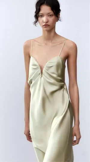 Zara dress maxi midi gown evening wedding party satin olive green corset thumbnail 6