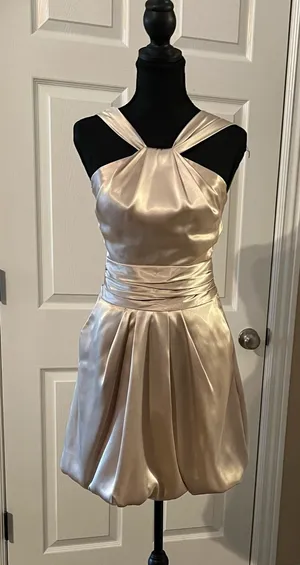 Gold beige cocktail evening wedding guest dress thumbnail 1